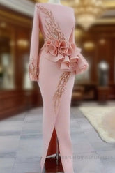 Blush Pink Aso Ebi Evening Dresses Long Sleeves Peplum Beads Appliques Pearls Side Split Mermaid Semi Formal Prom Dress